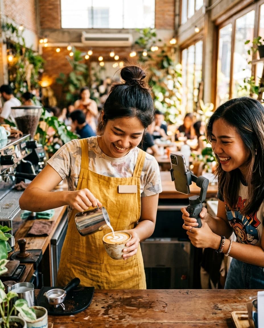 A barista pouring latte art while a creator films on a gimbal