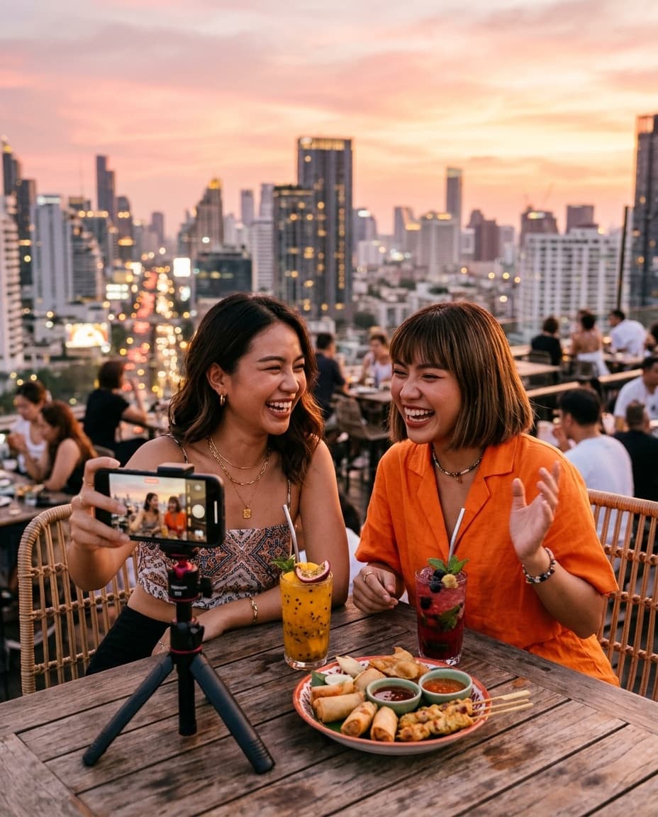 Two friends filming on a rooftop at sunset with mocktails and a sharing platter