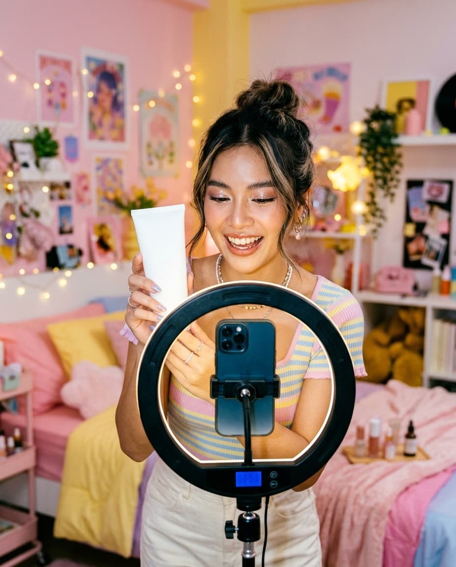 A beauty creator holding up a cream tube in front of a ring light