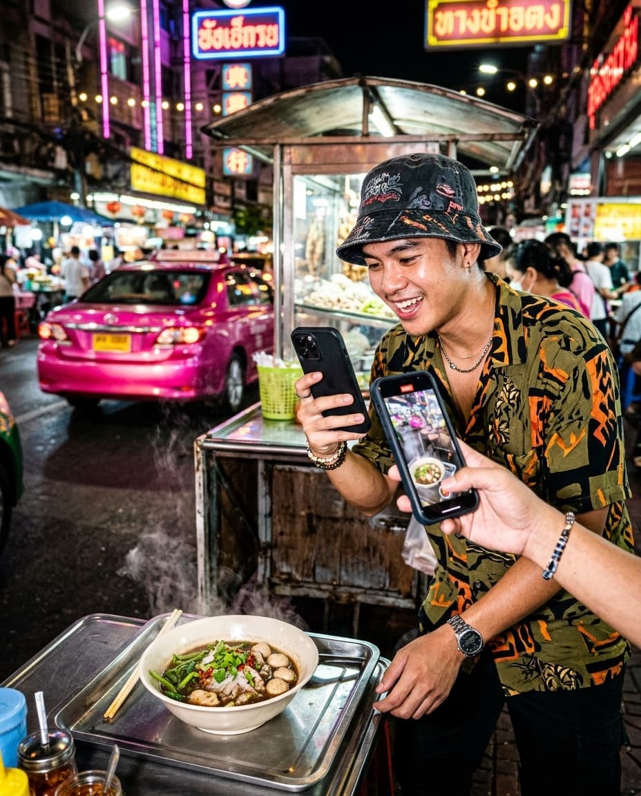 A creator filming boat noodles at a street stall at night